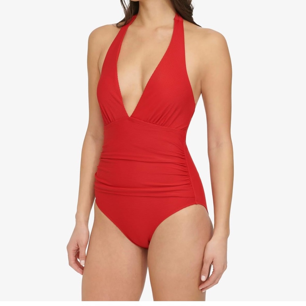 NWT- Tommy Hilfiger Women's Stretch Tummy Control Halter One Piece swimsuit, Red